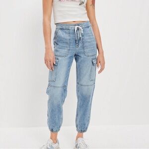 American Eagle Jogger Pants Womens Cargo Pocket Denim Blue with Drawstring